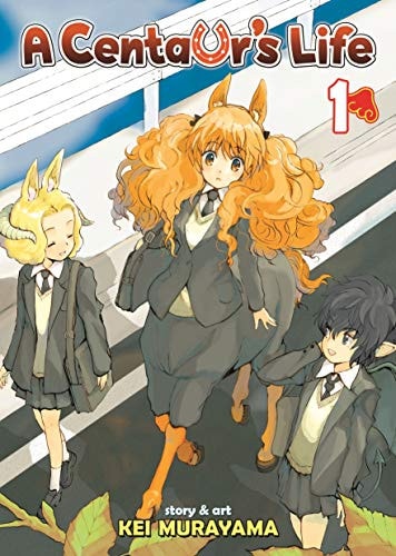 Cover of 'A Centaør's Life' manga with three characters walking on a school corridor.