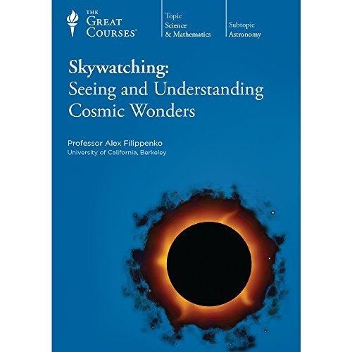 Book cover of 'Skywatching: Seeing and Understanding Cosmic Wonders' by The Great Courses with a solar eclipse image.