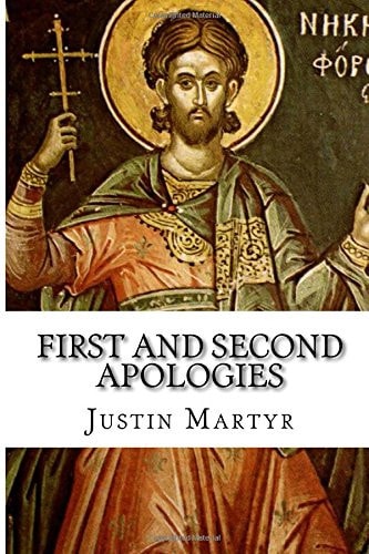 Cover of 'First and Second Apologies' by Justin Martyr with a religious iconography design.