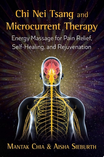 Book cover of 'Chi Nei Tsang and Microcurrent Therapy' with a human body illustration and energy flow.
