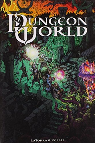 Book cover of 'Dungeon World' with colorful illustration of a dungeon scene.