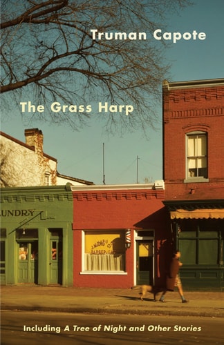 Book cover of 'The Grass Harp' by Truman Capote with a small town scene.