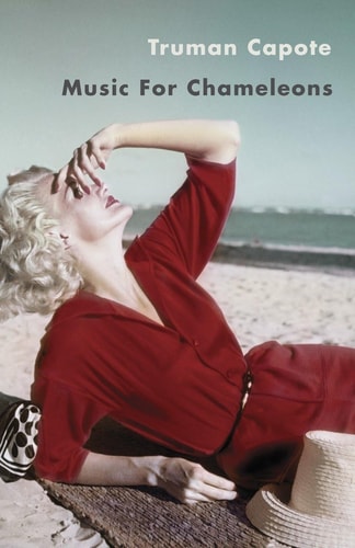 Book cover of 'Music For Chameleons' by Truman Capote with a woman in a red dress on a beach.