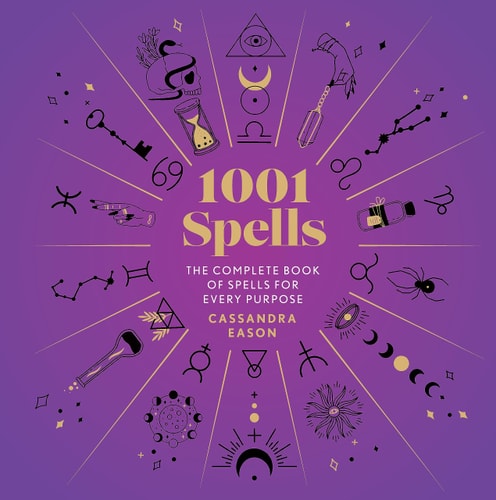 Book cover of '1001 Spells' with magickal symbols on a purple background