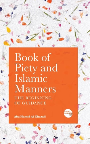 Book cover of 'Book of Piety and Islamic Manners' with an orange background and floral pattern.