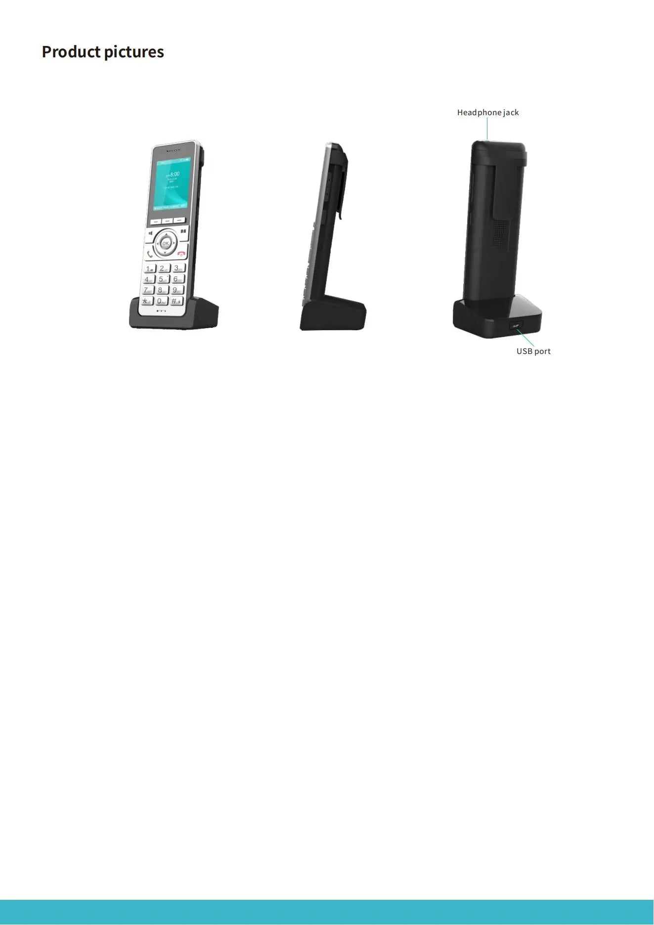 Set of electronic devices including a phone, headset jack, and cable on a white background.