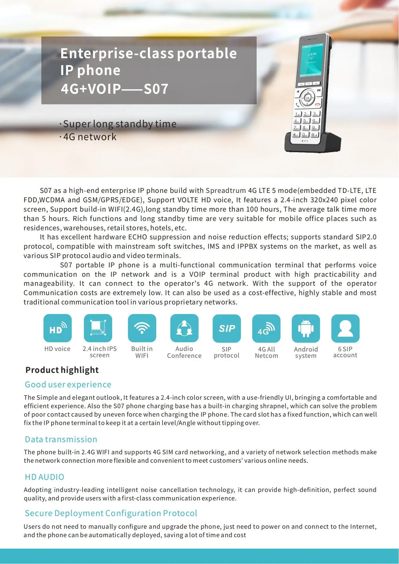 Advertisement for an enterprise-class portable IP phone with 4G/VOIP features, showing a phone and text details.