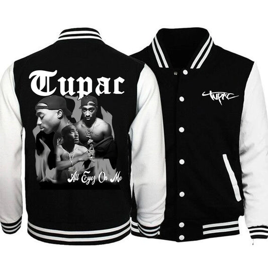 Black and white varsity jacket with Tupac graphic and text on a white background
