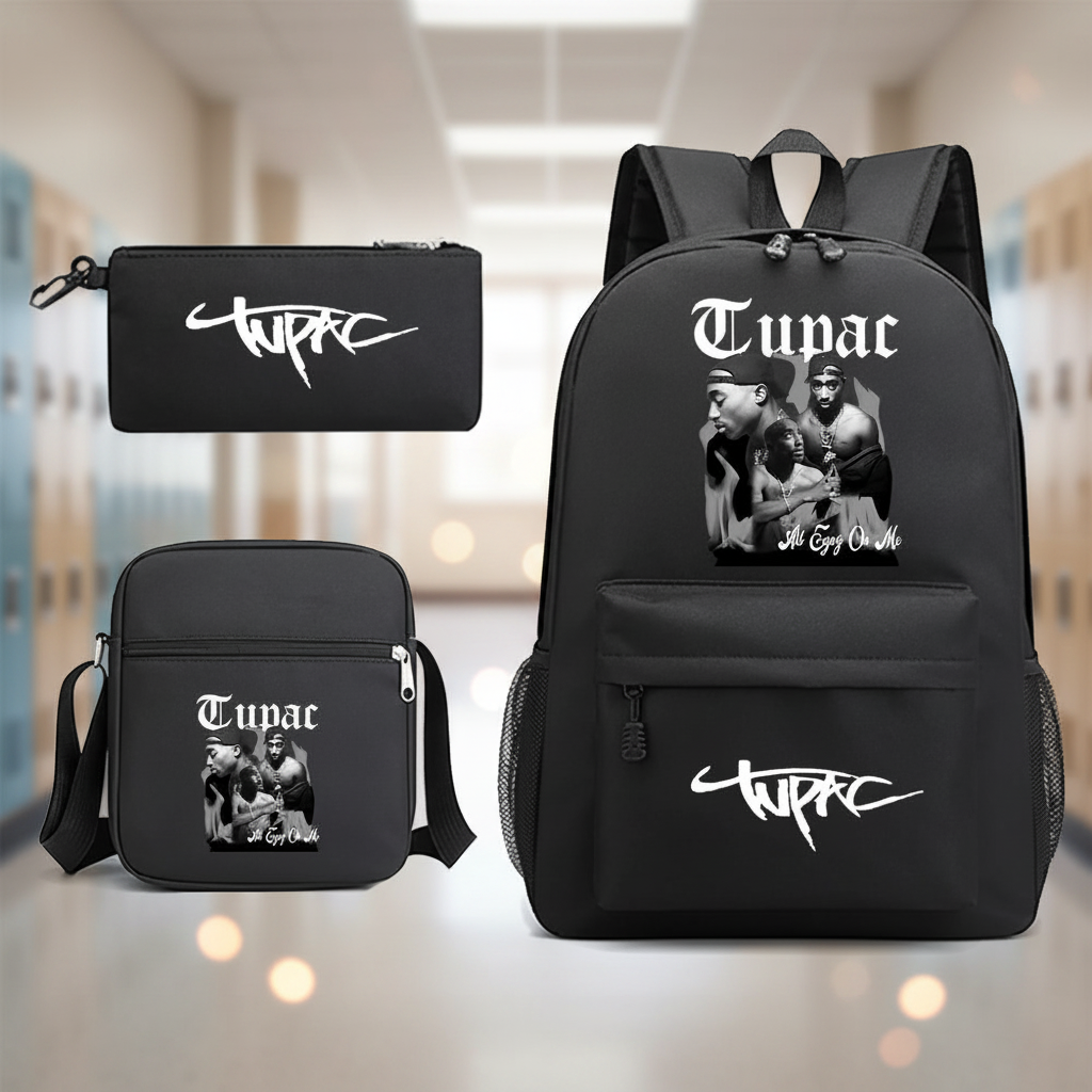 Black 2pacbackpack and pouch with Tupac graphic design on a blurred school hallway background