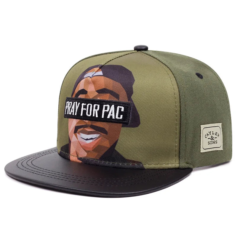 Pray for Pac cap in olive with camo under brim from '2Pac & B.I.G. Immortal Legends Snapback Collection | All Hats OSFA' on Bust-Down.