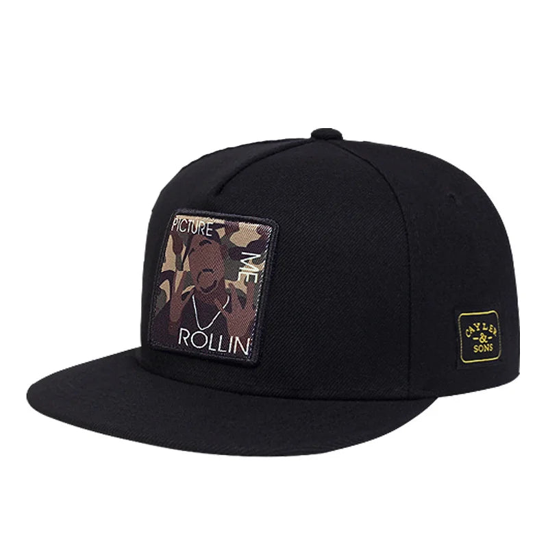 Tupac Picture Me Rollin' cap in all black from '2Pac & B.I.G. Immortal Legends Snapback Collection | All Hats OSFA' on Bust-Down.