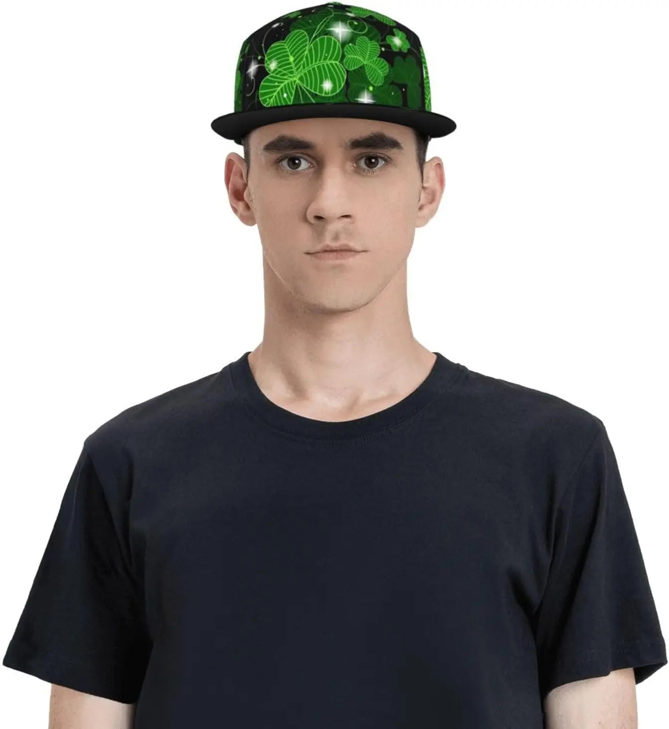 Male Model wearing Irish Shamrock Lucky-7 Snapback with 4-leaf clovers and charms in the style of the Snapback Shamrock design Tropical Charms