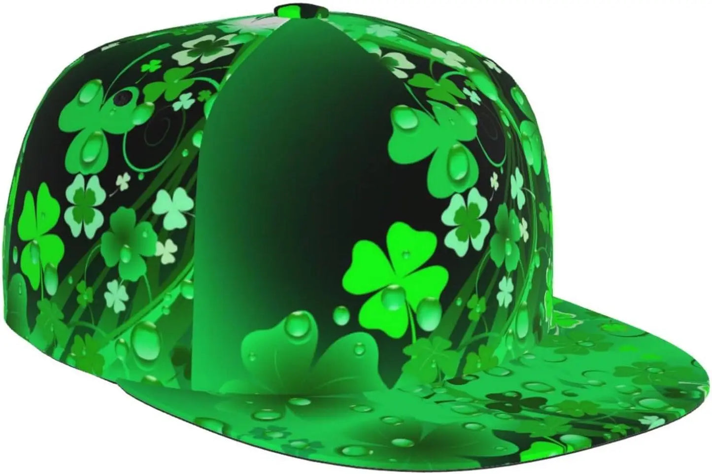 Multi angle image of Irish Shamrock Lucky-7 Snapback with 4-leaf clovers and charms in the style of the Snapback Shamrock design Fluorescent Charms