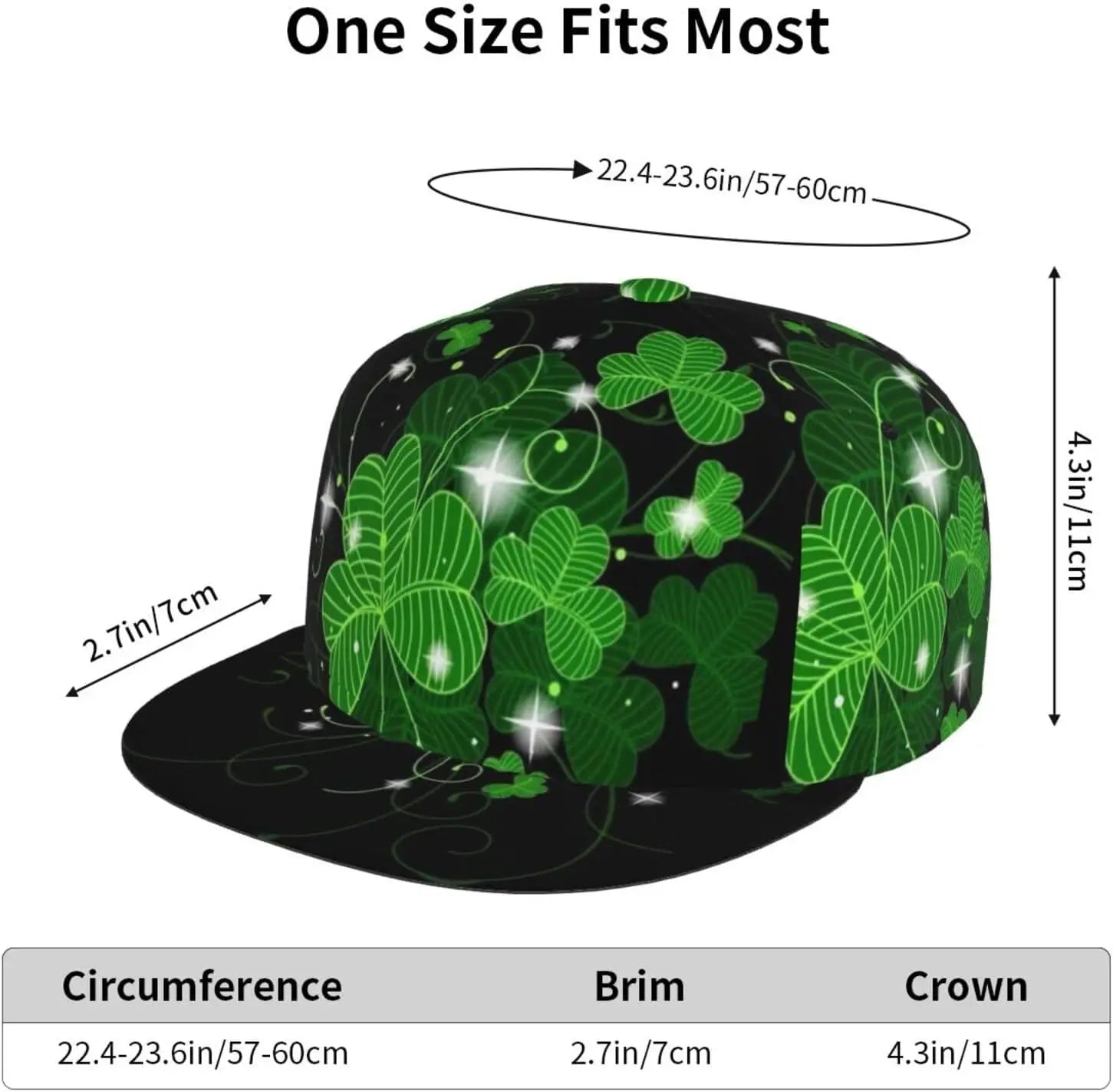 Multi angle image of Irish Shamrock Lucky-7 Snapback with 4-leaf clovers and charms in the style of the Snapback Shamrock design Illuminating Charms size dimensions