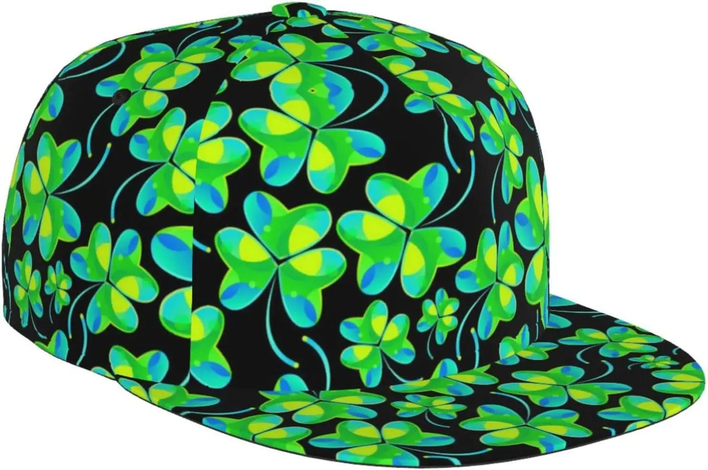 Multi angle image of Irish Shamrock Lucky-7 Snapback with 4-leaf clovers and charms in the style of the Snapback Shamrock design Tropical Charms