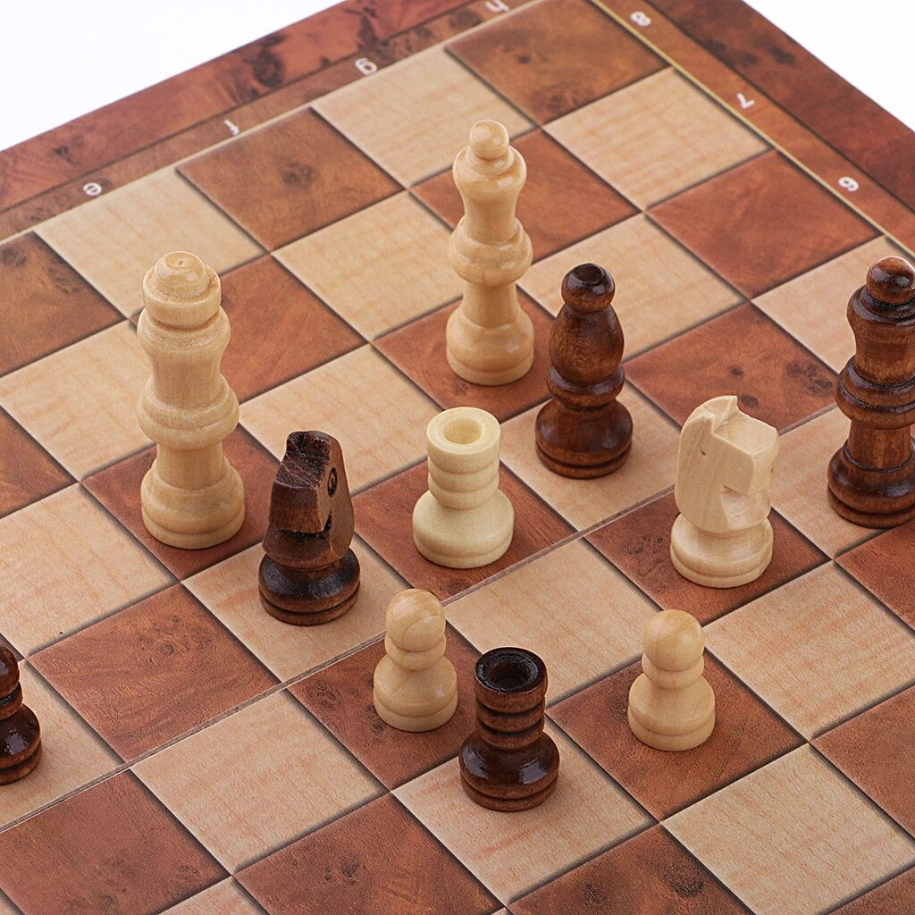 Close up of chess pieces on the dark wooden game board option.
