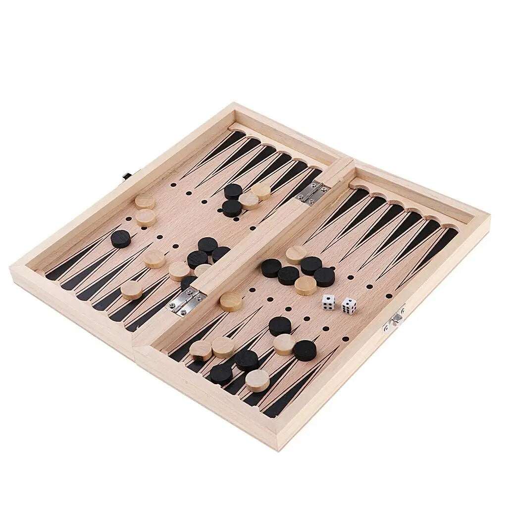 Open view of classic foldable game board showing pieces for Checkers, dice, and backgammon.