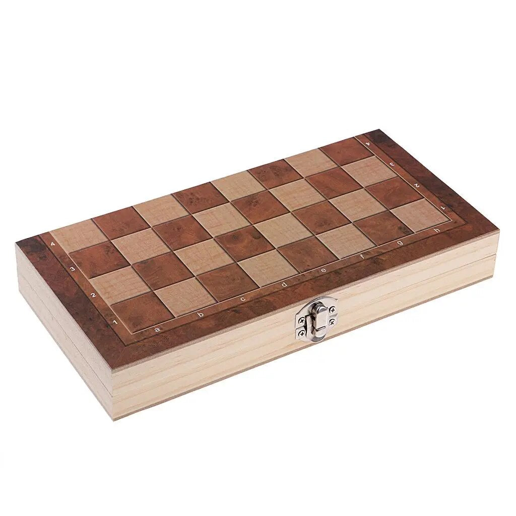 Closed folded chess board showing size of storage for game pieces.