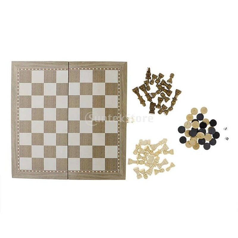 Full game inventory display showing white chess pieces, dark chess pieces, checkers and backgammon pieces, and two dice next to foldable game board.