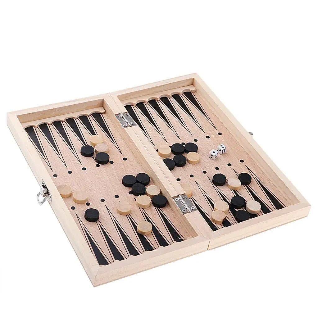 Open view of light wooden game board showing pieces for  Checkers and backgammon with dice on board.