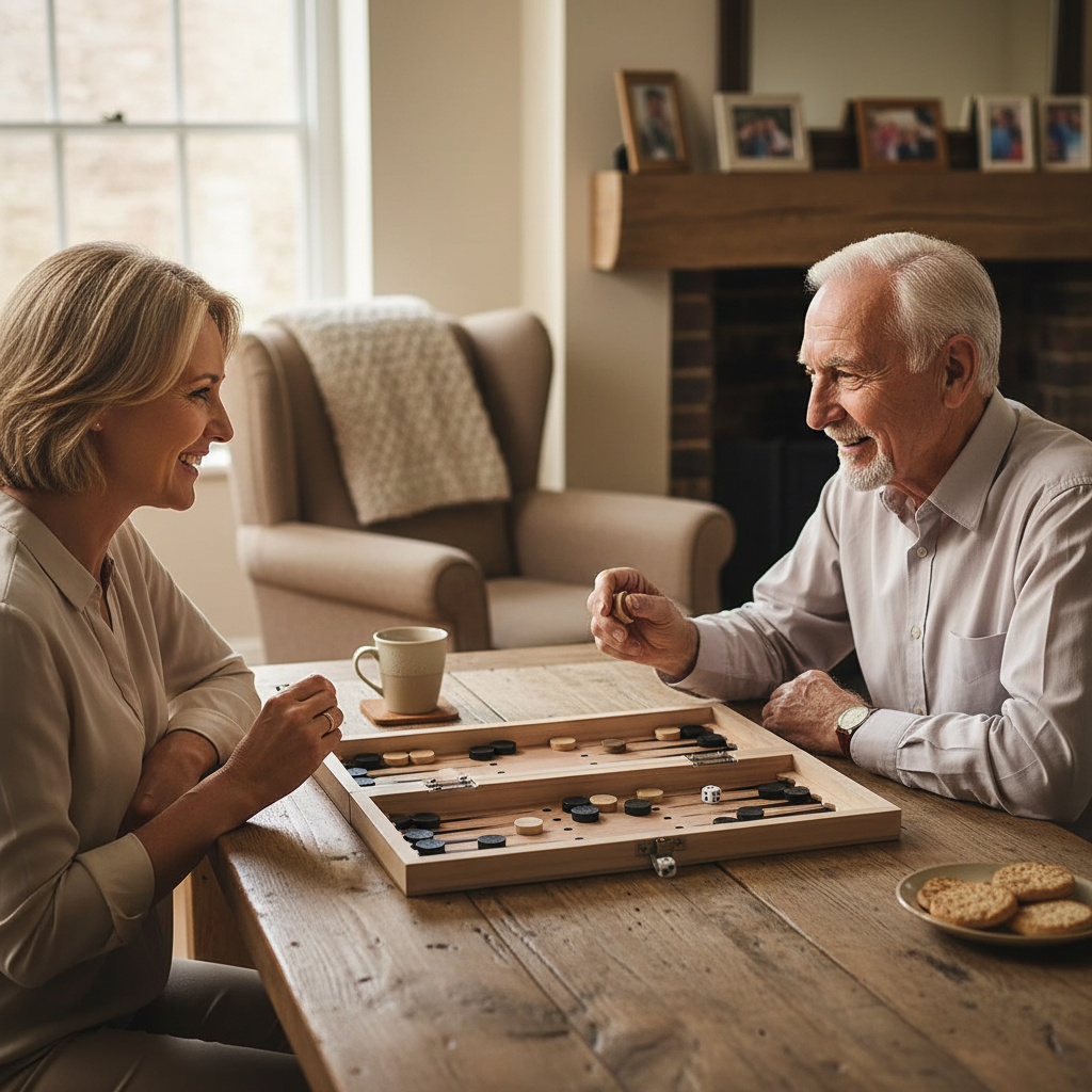 An older man and a woman sit across from each other at a wooden table in a cozy living room, playing a backgammon board game. A mug, cookies, and framed photos are visible on the table and in the background.