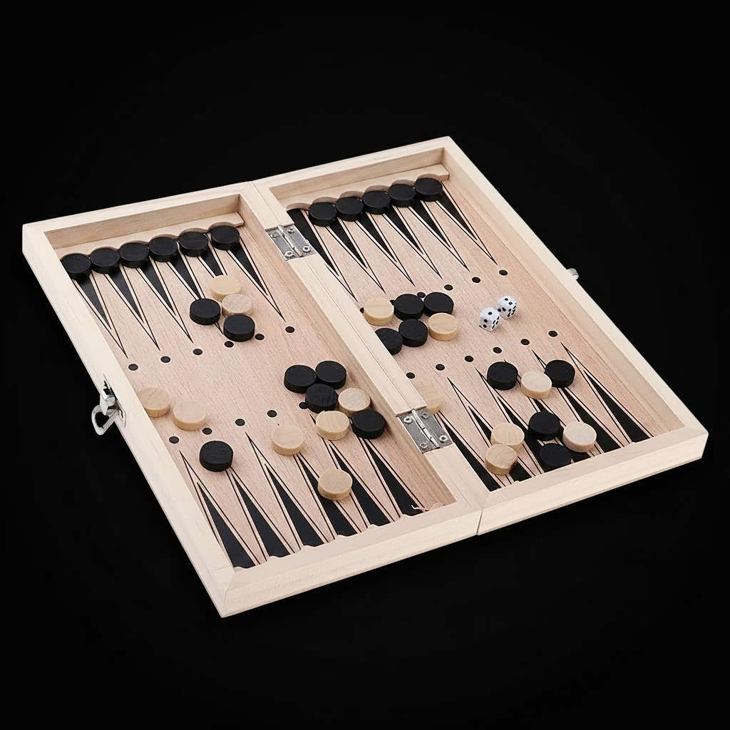 An open wooden chess, checkers, and backgammon board set photographed from above on a black background. The light natural wood board is divided into four quadrants with black and natural wood checkers, black triangular points, and a few white dice visible.
