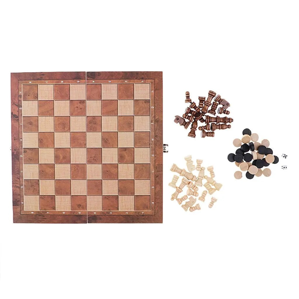 Dark wooden option of the 3-In-1 Checkers, Chess, Backgammon Portable Set.