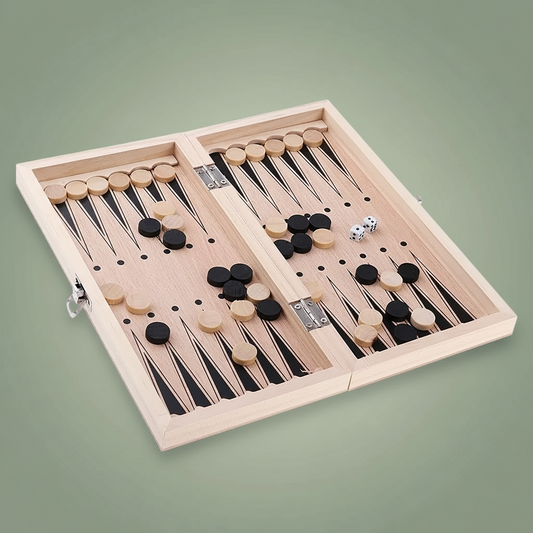An open wooden backgammon board set with black and beige checkers and dice, photographed on a smooth light green background.