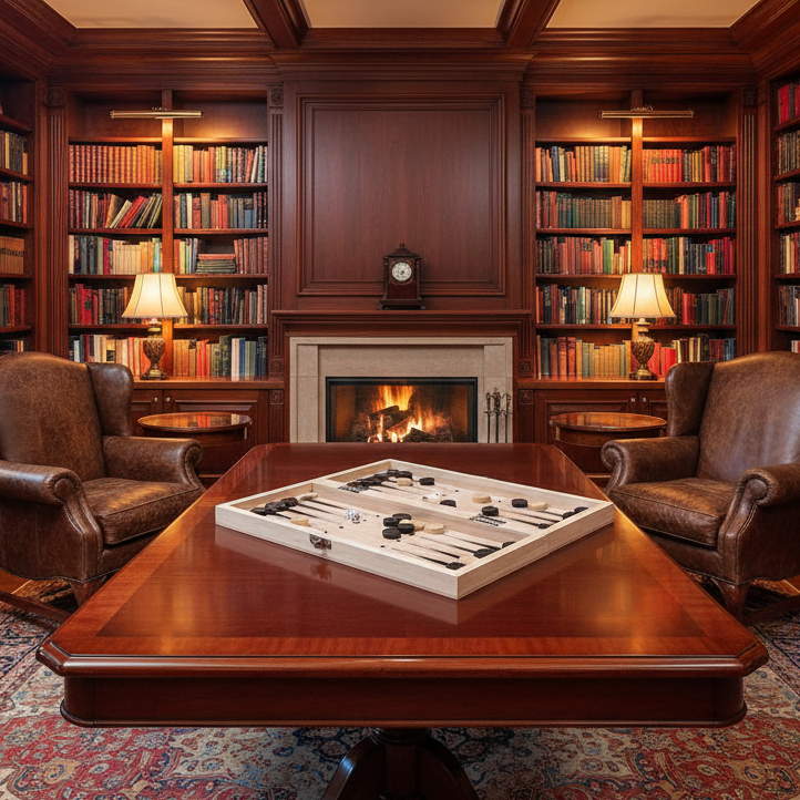 A richly decorated library study with dark wood bookshelves, a burning fireplace, two brown leather armchairs, and a polished wooden writing table in the foreground holding a backgammon board game.