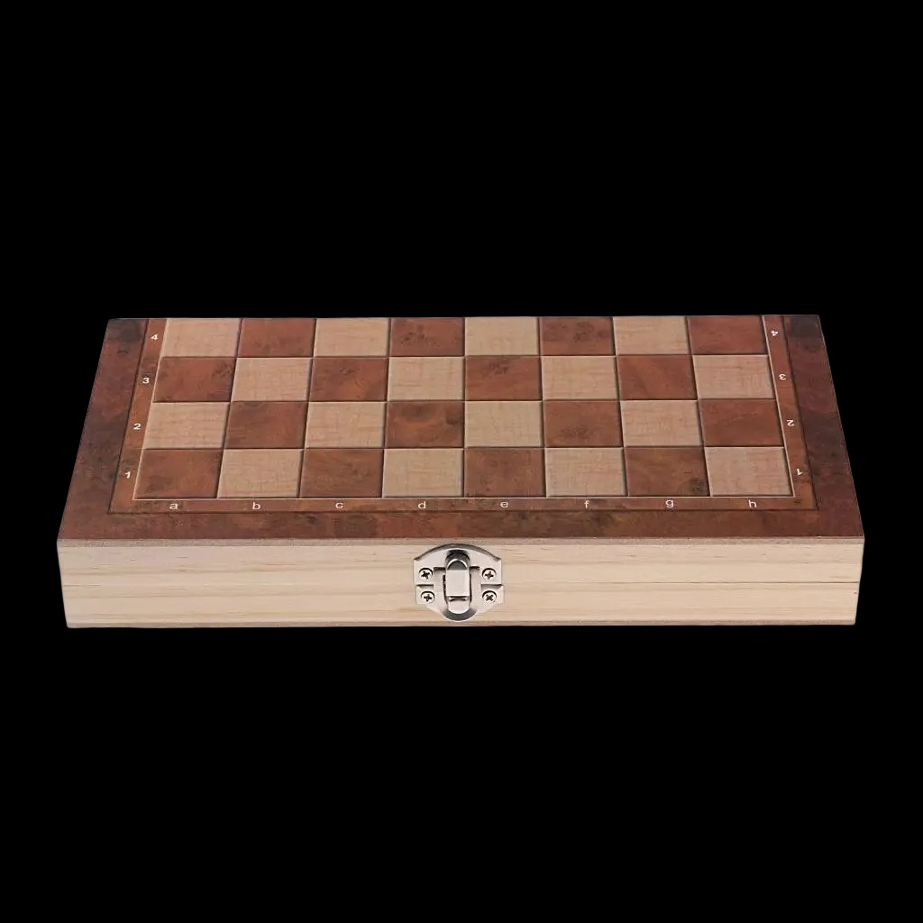 A wooden chessboard with a hinged cover and a silver metal latch, shown closed against a solid black background.