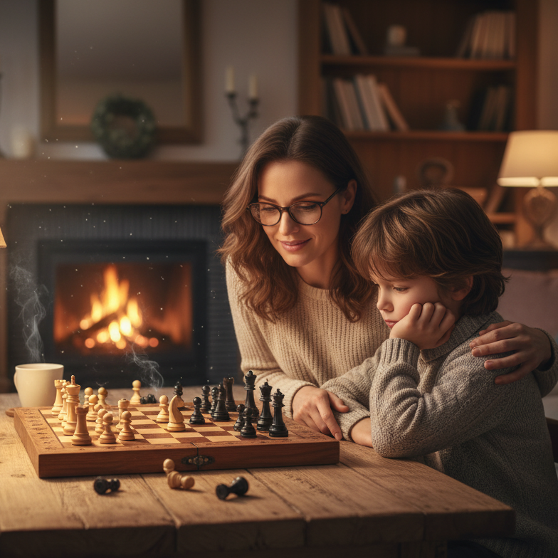 A woman and a child sit together at a wooden table in a cozy living room, looking at a chess game in progress. A glowing fireplace burns in the background, and warm ambient lighting illuminates the scene.