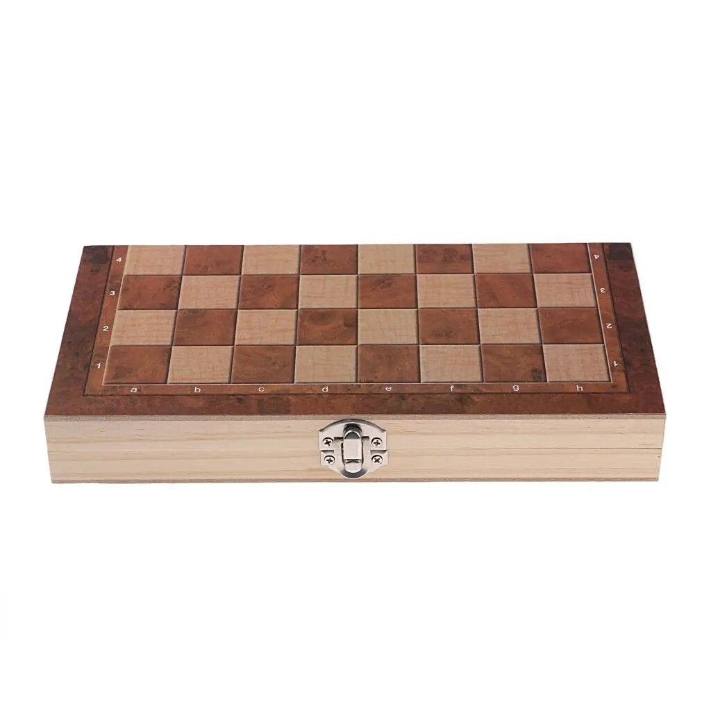 A portable wooden set featuring a folding chess board and a storage tray for chess pieces, with a polished lacquer finish.