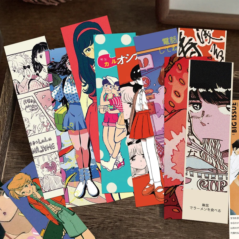 Collection of colorful anime-style bookmarks on a wooden surface