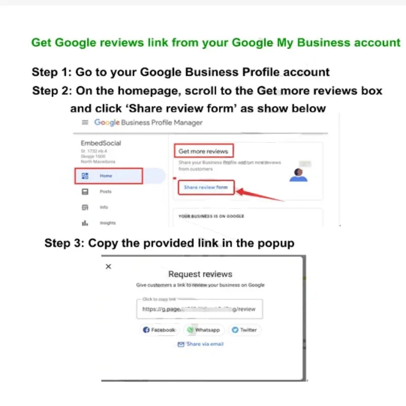 Instructions on how to get a Google reviews link from a Google My Business account, with steps and highlighted elements.