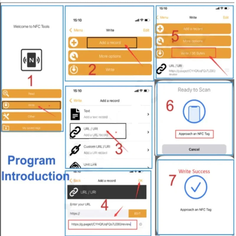 Step-by-step guide for using NFC Tools for Google Business Review Display Custom stand programming on app on a smartphone with text and icons.