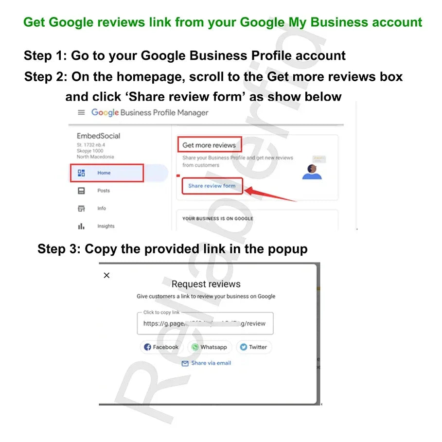 Instructions on how to get a Google reviews link from a Google My Business account, with screenshots and text.