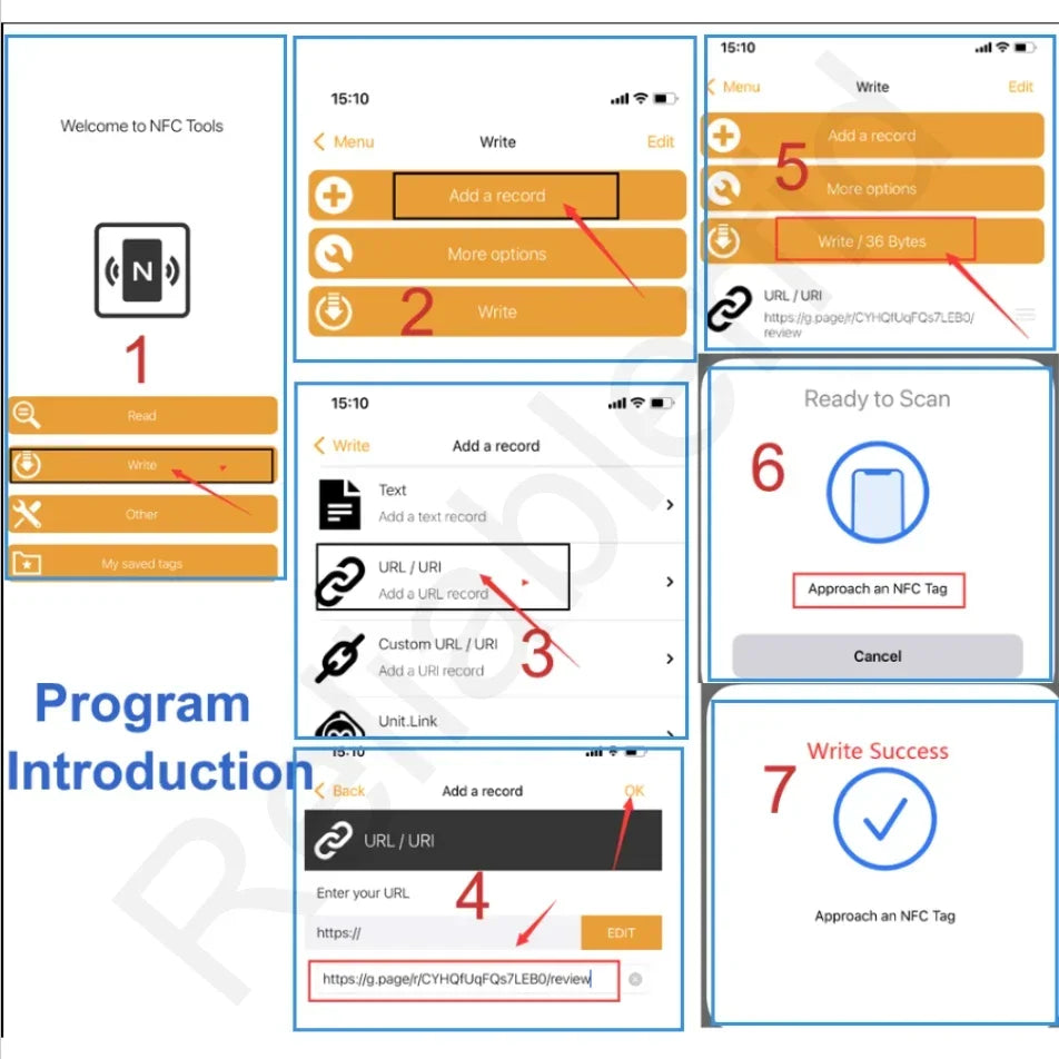 Screenshots of an NFC tool app to program Google Business Review display stand with step-by-step instructions on how to use it.