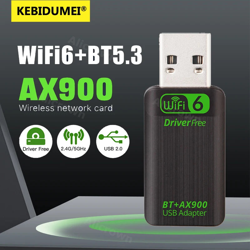 USB adapter with WiFi6+BT5.3 AX900 branding on a dark background