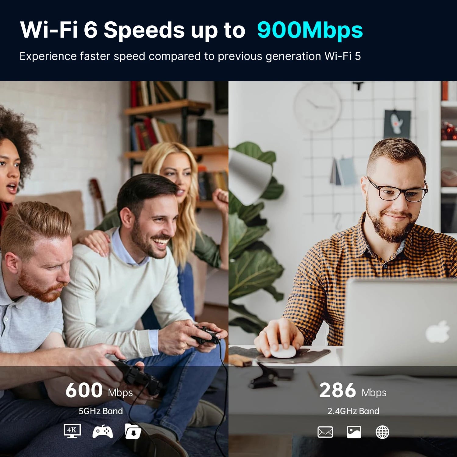 Advertisement showcasing Wi-Fi 6 speeds with people using devices and text about faster speeds compared to previous generations.