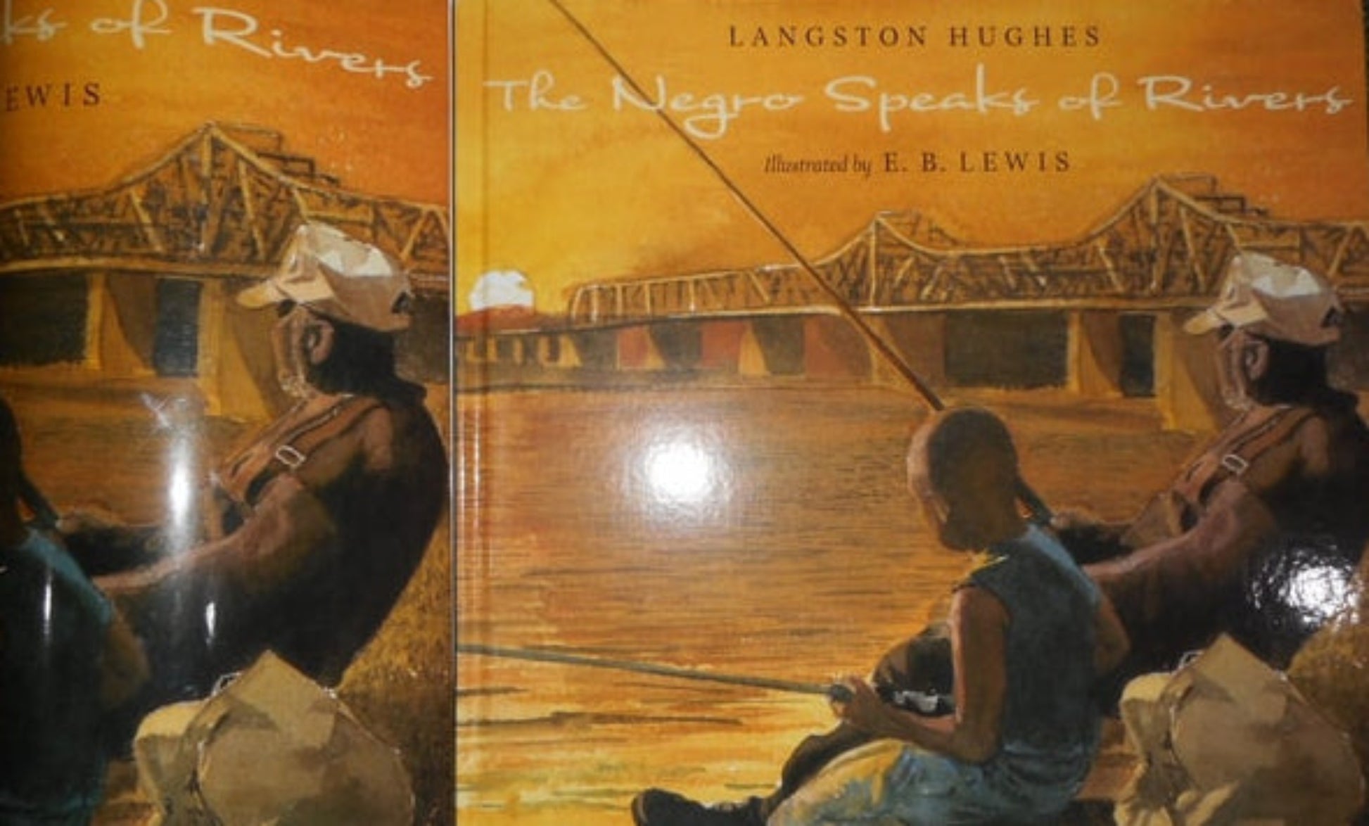 Book cover of 'The Negro Speaks of Rivers' by Langston Hughes with a bridge and people fishing illustration.