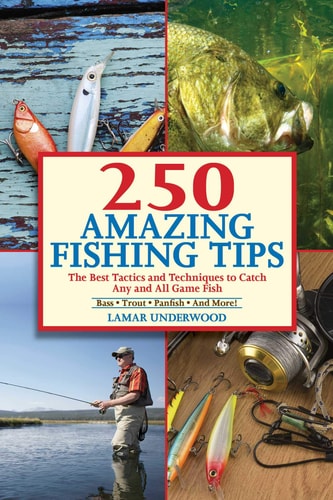 Book cover of '250 Amazing Fishing Tips' with images of fishing equipment and fish.