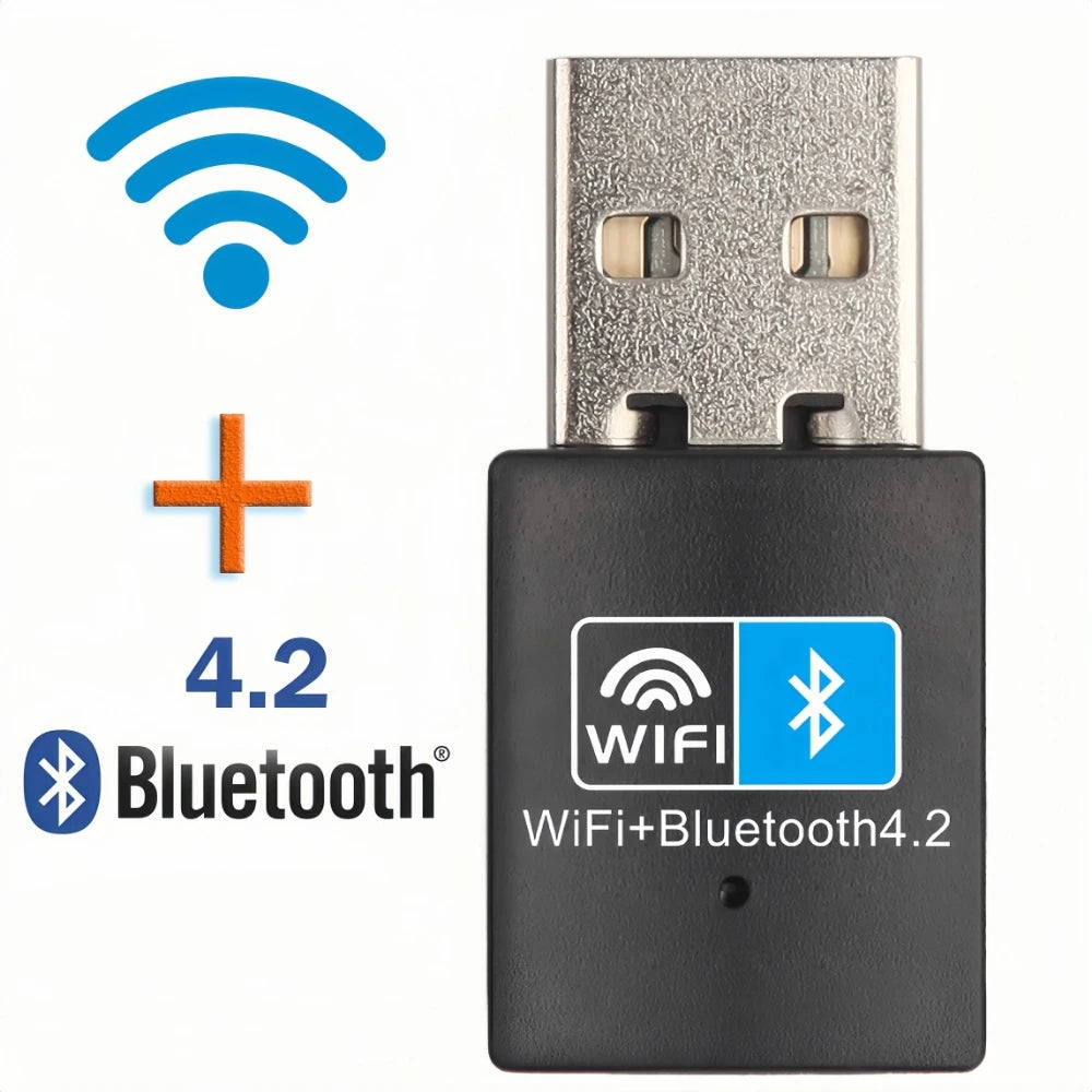 USB adapter with WiFi and Bluetooth 4.2 symbols on a white background
