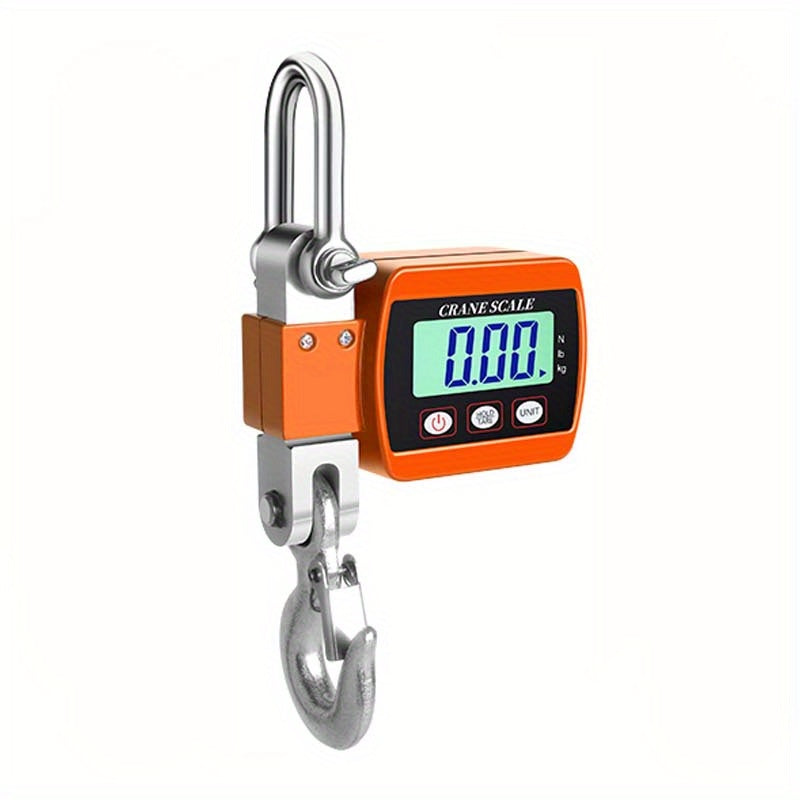 Digital crane scale with orange display and metal hook on a white background