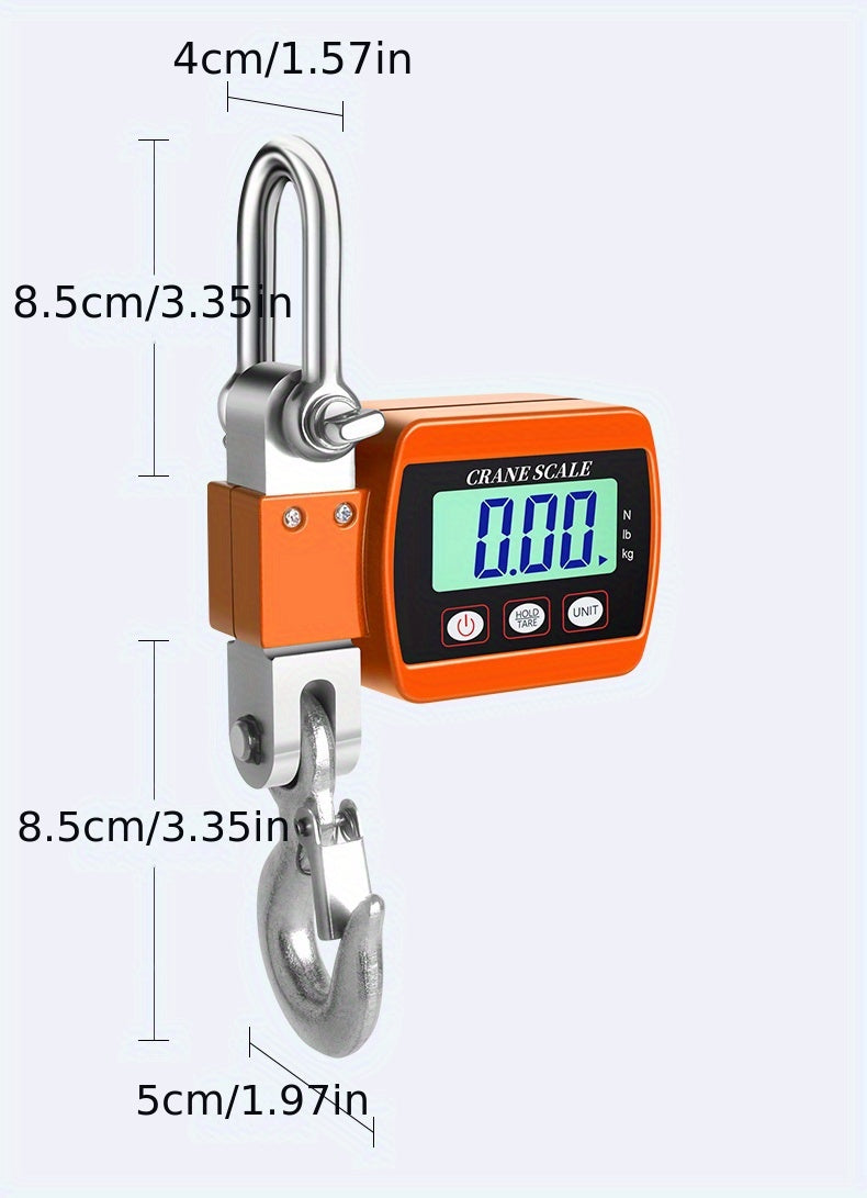 Digital hanging scale with measurement details on a white background