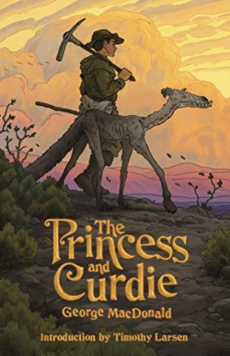 Book cover of 'The Princess and Curdie' by George MacDonald with a stylized illustration of a person and dinosaur.