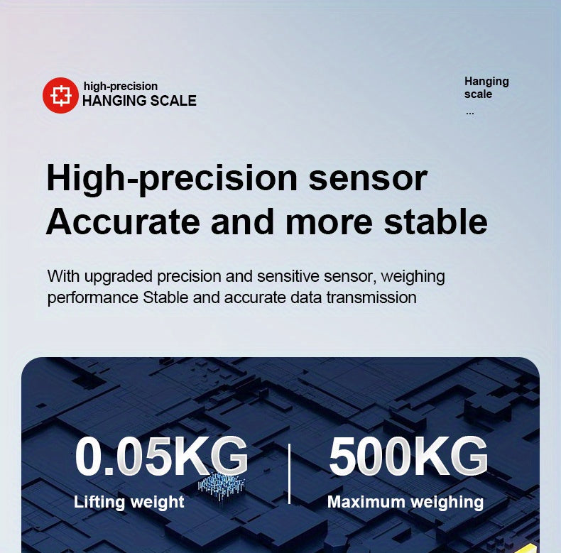 Advertisement for a high-precision hanging scale with technical specifications on a blue background.