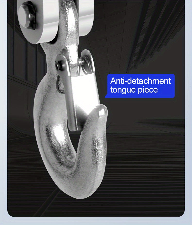 Metallic hook with anti-detachment tongue piece label on a dark background