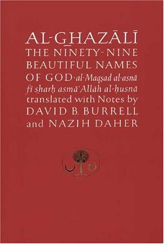 Book cover of 'Al-Ghazali: The Ninety-Nine Beautiful Names of God' with text and a logo on a red background.
