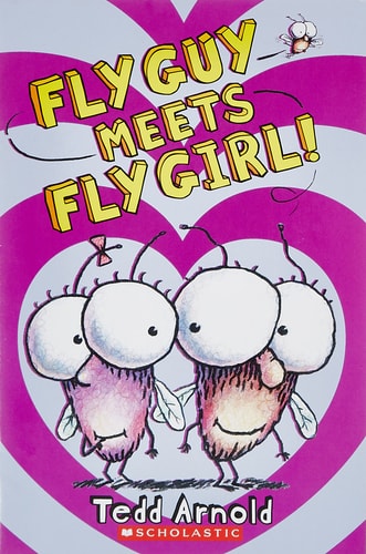 Book cover of 'Fly Guy Meets Fly Girl' with cartoon flies and pink heart design.
