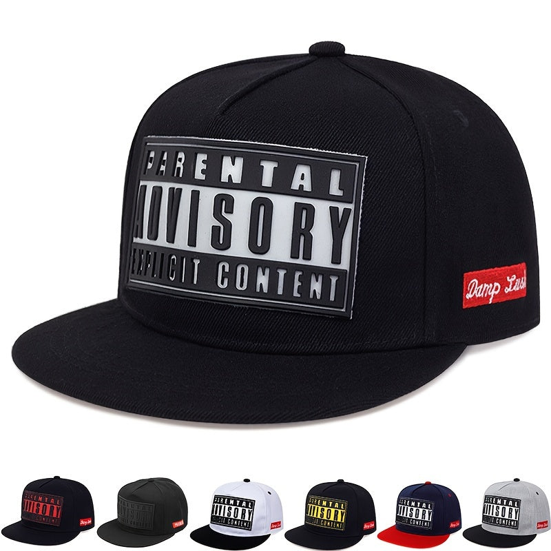 Black snapbacks hat with Parental Advisory Explicit Content patch